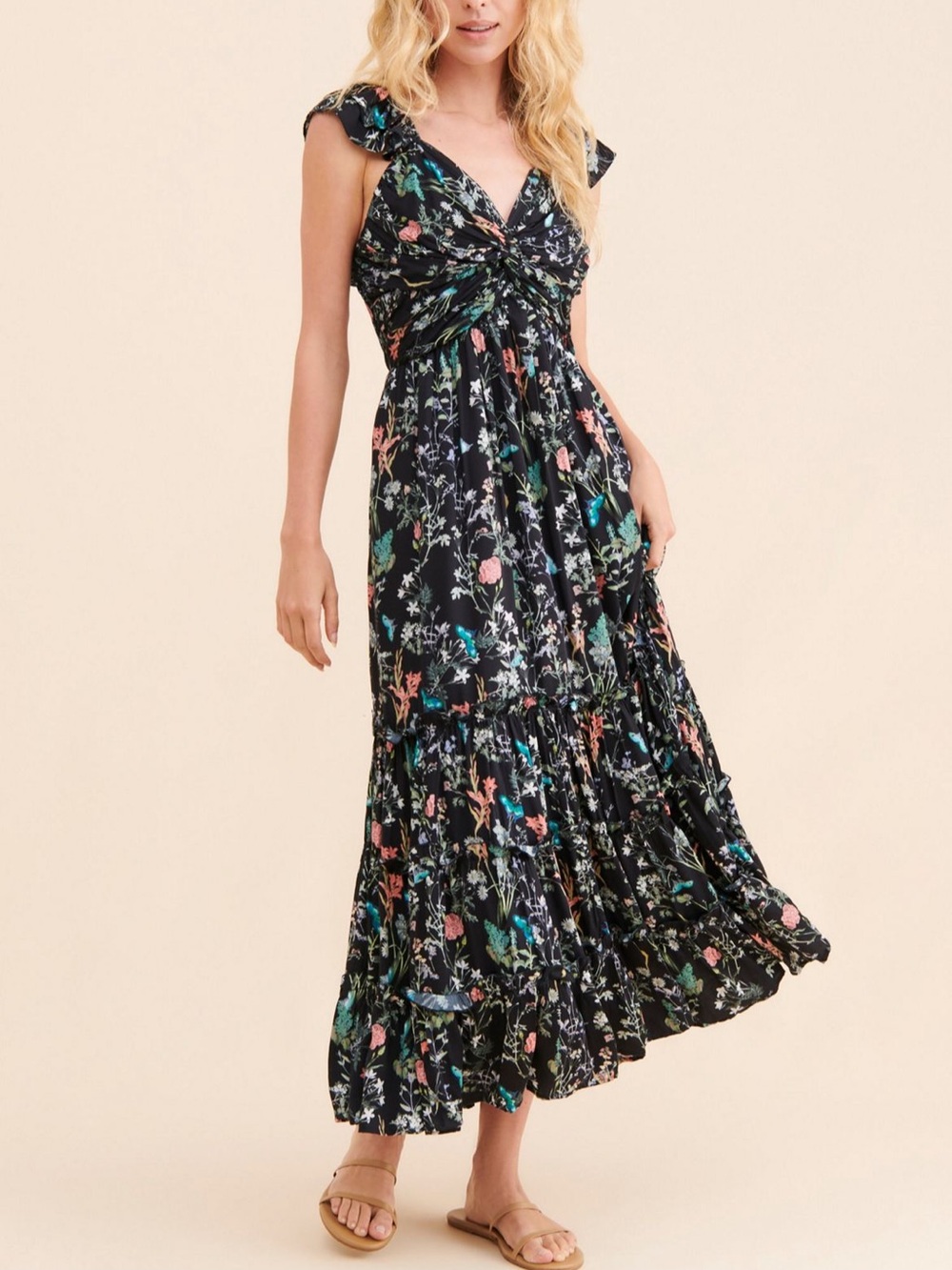 Anthropologie Black Floral Twist-Front Maxi Dress
